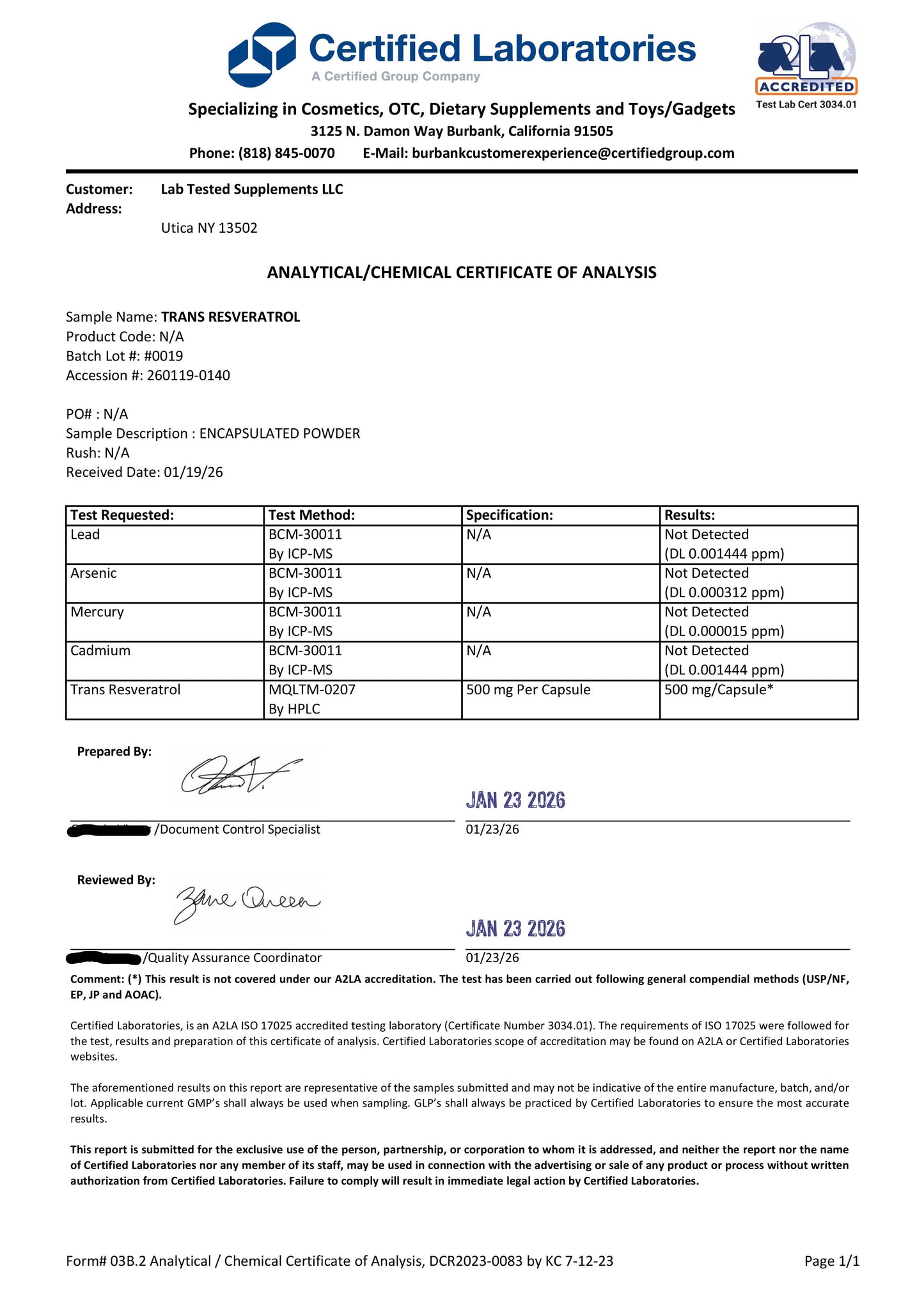 Trans-Resveratrol - 60 500mg capsules